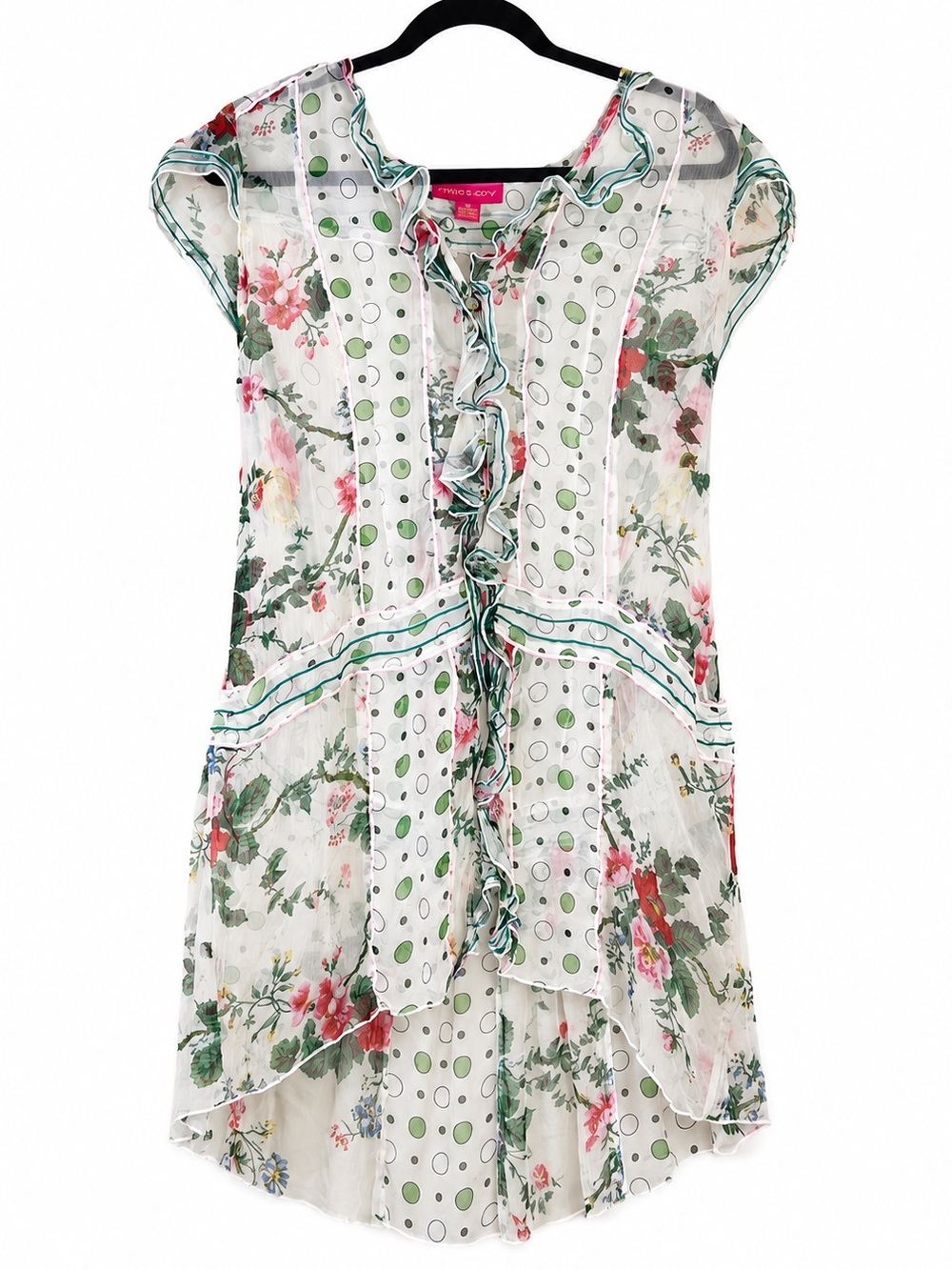 Vintage Mystery Dainty Floral Ruffles Acrylic Button Tunic Blouse Medium